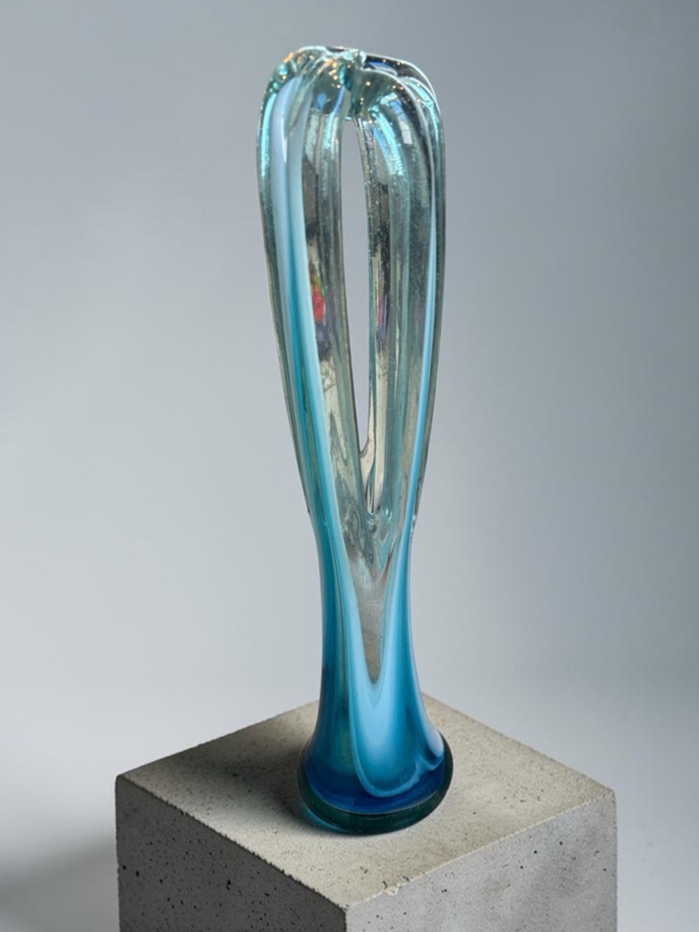 Vintage Mid-Century MCM Hand Blown Murano Style Glass Vase Blue Teal Swirl 17”H